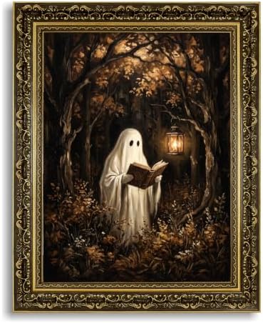 Gold Vintage Framed Ghost Reading Book Wall Art, Spooky Halloween Decor