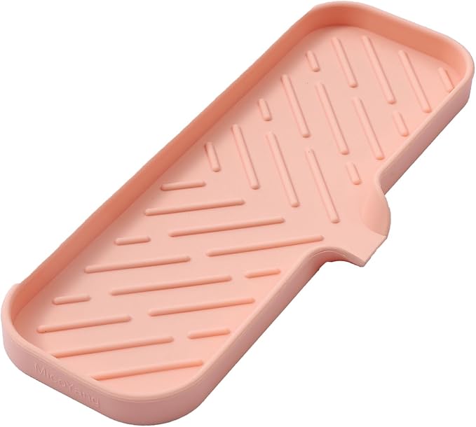 MicoYang Silicone Soap Dish with Drain Spout — Self-Draining Double Sink Organizer Tray for Kitchen & Bathroom, Dispensers, Sponges & Soap Holder, Non-Slip & Dishwasher Safe, Pink (Large, 12"×4")