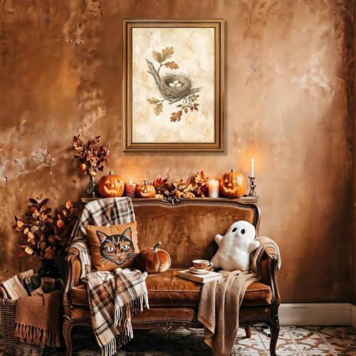 Bird Nest Halloween Wall Art, Gold Vintage Framed Rustic Nature Print