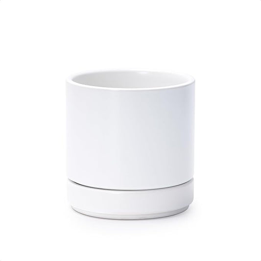 D'vine Dev 4.7 Inch Ceramic Planter Pot, White, 94-O-B-1 | Modern Cylinder Design, Drainage Hole & Saucer Included, Stable Structure, Elegant Home Accent