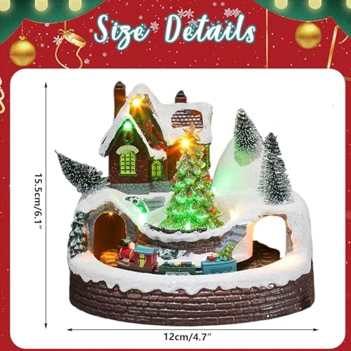 Christmas Village Figurines, 4.7x6.1inch Resin Christmas Village House with Rotating Train & Xmas Tree, Light up Musical Animated Display Collectible House for Home Tabletop Decorations