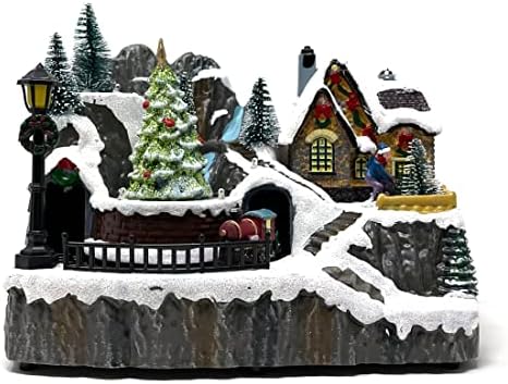 allgala Christmas Village House with Train Crafted Polyresin Christmas House Collectable Figurine with USB and Battery Dual Power Source-Moving Train and Tree-XH93446