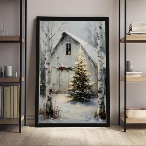 Rustic Christmas Barn Poster Winter Farmhouse Snow Landscape Wall Art