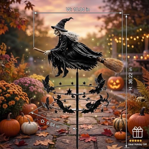 2PCS The Enchanted Witch Garden Wind Spinner, Metal Halloween Yard Art Outdoor Garden Decor, Outdoor Garden Stake Decoration, Halloween Lawn Ornament Wind Spinners for Halloween Yard Patio Pathway