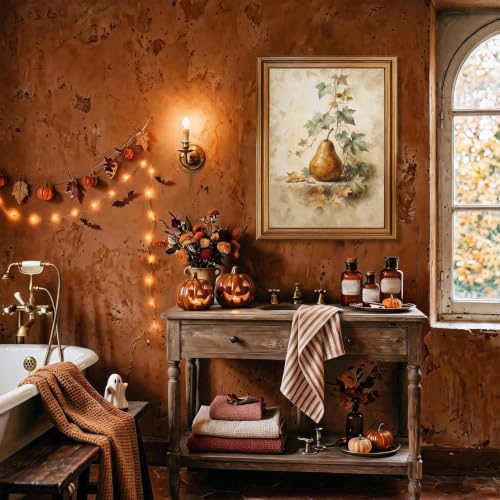 Halloween Pear Still Life Wall Art, Gold Vintage Framed Rustic Decor