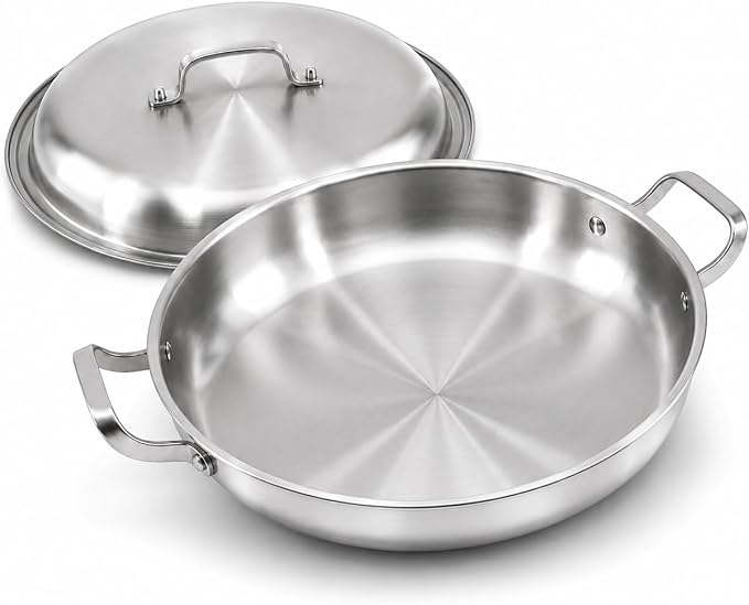 DELARLO 16 Inch Stainless Steel Paella Pan with Lid, 5-Ply Fully Clad,Jumbo Frying Pan for 12-14 Servings, PFOA & PTFE Free Skillet for Gas Stove, Great for Paella Parties Indoors Outdoors