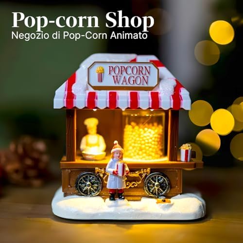 Avilia Pop Corn Christmas Shop Animated with LED Lights - Ideal for Unique Home Decoration During Christmas Parties - Hand Painted and Suitable for All Types of Furnishings 14 x 14.5 x 10 cm