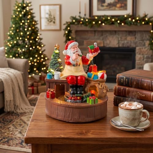 Ipetboom Santa Workshop Rotating Music Box - Resin Christmas Music Box - LED Light Up Musical Ornament for Indoor Festive Party, Holiday Home, Battery Powered Display