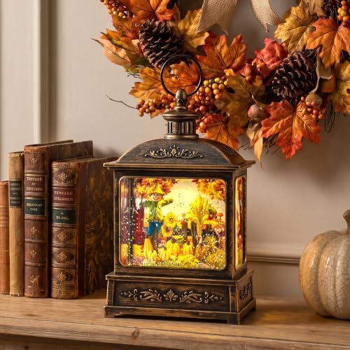 Fall Snow Globe Lantern - Scarecrow and Turkey Lighted Water Lantern with Swirling Glitter Fall Decorations for Home, Thanksgiving, Autumn Harvest Fall Decor