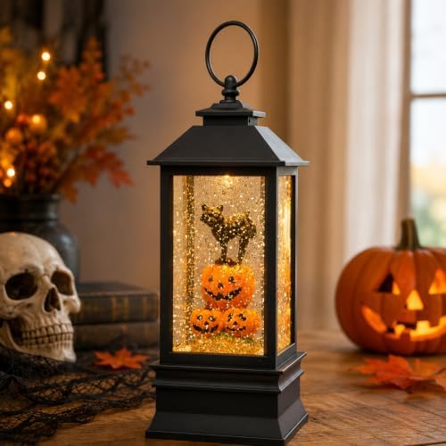10'' Halloween Snow Globe Lantern Lighted Musical Water Lantern Spooky Pumpkin and Witch' s Black Cat Combo with Swirling Glitter, Battery Operated or USB Powered