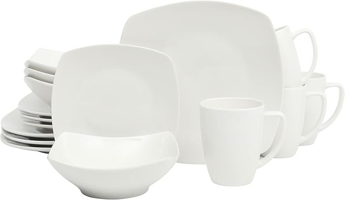 Gibson Home Zen Buffet White Porcelain Dinnerware Set for 4, Square Plates Bowls and Mugs, Chip and Scratch Resistant, Dishwasher and Microwave Safe, 16 Piece