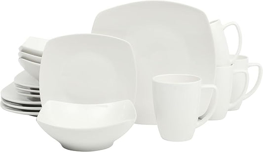 Gibson Home Zen Buffet White Porcelain Dinnerware Set for 4, Square Plates Bowls and Mugs, Chip and Scratch Resistant, Dishwasher and Microwave Safe, 16 Piece