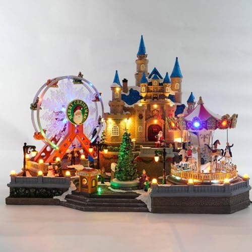 Christmas Village House, with Flying Reindeer, Rotating Christmas Tree,Animated Christmas Village, Carousel and Ferris Wheel, LED Lights 59x37x47cm