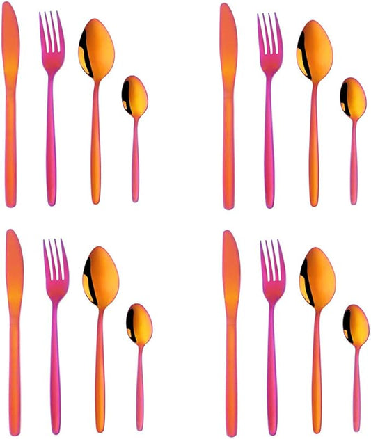 BuyGo Rainbow Red Silverware Flatware Set, 16-Piece Light Weight Stainless Steel Eating Utensil Service for 4, Include Knife Fork Spoon, Dishwasher Safe