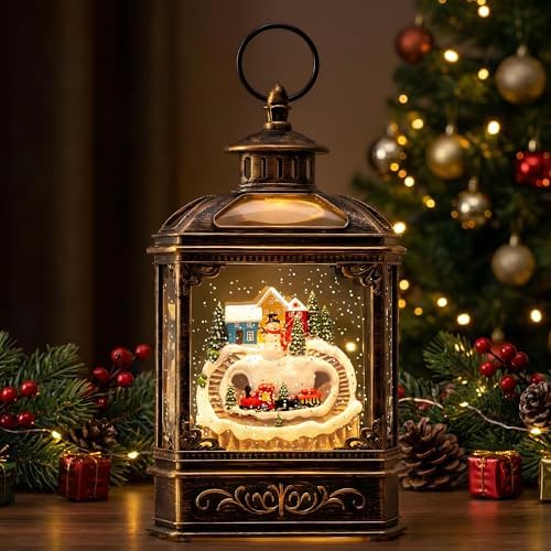 VISFLAIR Christmas Village Snow Globe Lantern Musical Lighted Mountain Village Snowman & Train Water Lantern in Swirling Glitter, Christmas Home Decoration and Gift, Battery Operated or USB Powered