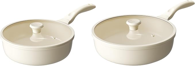 Redchef Nonstick Deep Frying Pan with Lid, Ceramic Saute Pan Skillet, PFOA PFOS Free, Induction Compatible, Stay-Cool Helper Handle, Tempered Glass Cover, Dishwasher Safe, Beige
