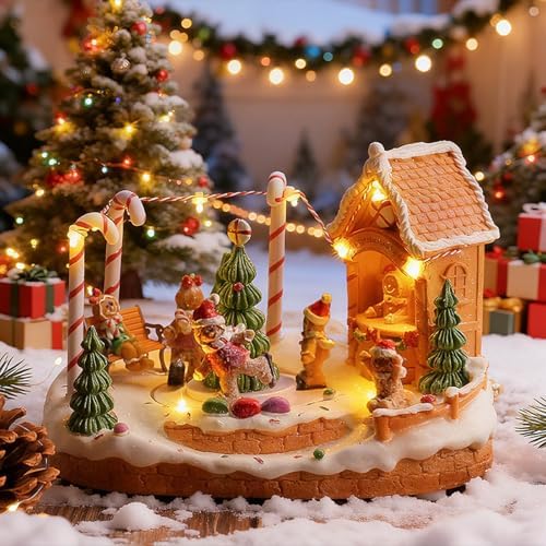 LED Light Christmas Village Scene with Rotating Train Musical Lighted Collection Figurine Home Decor Musical Village House Figurine