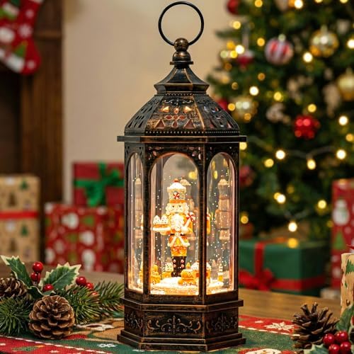 12.8'' Christmas Gingerbread Nutcracker Snow Globe Lantern, Lighted Animated Rotating Train with Musics Swirling Glitter Water Lantern Decoration for Home