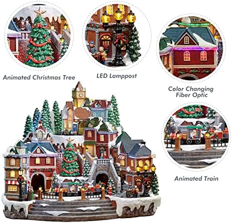 MOMENTS IN TIME Animated Christmas Village Scene with Rotating Train LED Lighted Houses Snow Covered Town Display Holiday Tabletop Decor with Christmas Tree and Figurines