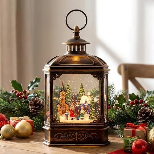 VISFLAIR Musical Snow Globe Lantern Lighted Church Carolers Christmas Village Snow Water Lantern Swirling Glittering Home Decoration and Gift, Battery Operated or USB Powered