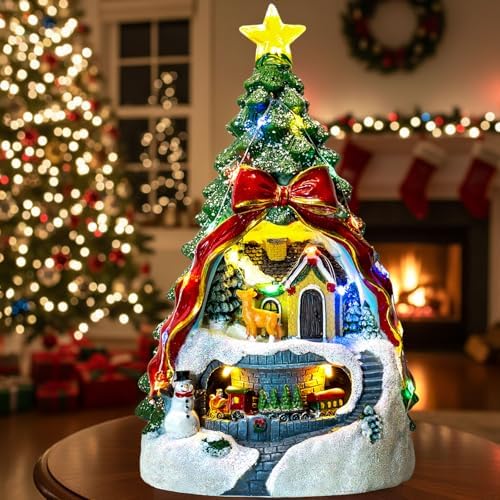 ZQQLITE Animated Collection Figurines Musical Christmas Tree Spinning Train Deer Snowman with Rotating Train, Lighted Christmas Collection Figurines for Home Tabletop Decorations Ornaments Gifts