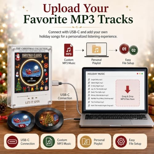 Refrigerator Music Player, Magnetic Refrigerator MP3 Music Box with 9 CDs, Rotating Vinyl Disc, LED Ambient Light, USB-C Customizable Song Player, Christmas Kitchen Decor Gift