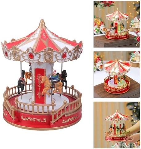 Christmas Carousels Ornament with LED Light and Classical Melodies for Seasonal Desktop Decors Festivals Party Present Battery Powered Rotating Holiday Music Box