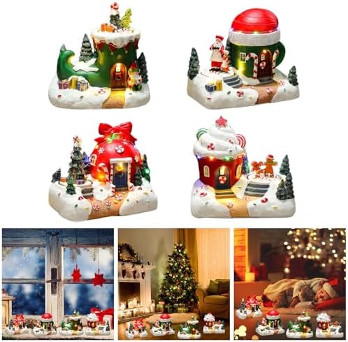 Holiday Seasonal Musical House Resin Ornament with Colorful LED Light Christmas Rotating Figurines Statue Desktop Decors LED Light Christmas Ornament