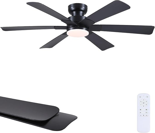 Asyko 52" Black Low Profile Ceiling Fans with Lights and Remote, Modern Indoor Ceiling Fan Light with Quiet Reversible DC Motor, Flush Mount Ceiling Fans with Dimmable LED for Bedroom Kitchen