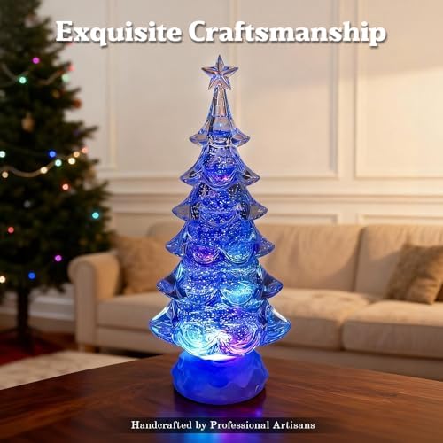Snow Globe Christmas Tree - 12.4" Lighted Christmas Snow Globe Lantern with Color Changing LED, Battery/USB Operated Timer Crystal Tree Indoor Holiday Decor Gift