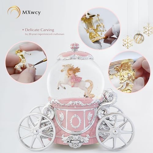 Unicorn Princess Carriage Snow Globe Music Box, 7" Pink Light Up Musical Snow Globe with La Vie en Rose Melody, Rotating Glitter Globe Decor for Girls Women, Birthday Christmas Valentine's Day Gift