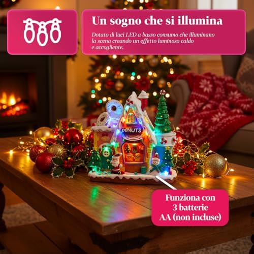 Avilia Northlight Christmas Village with LED Lights, Rotating Tree and Christmas Music, Hand Painted Decoration with USB Cable and Batteries, Luminous Animated Village for Home or Holiday Gift