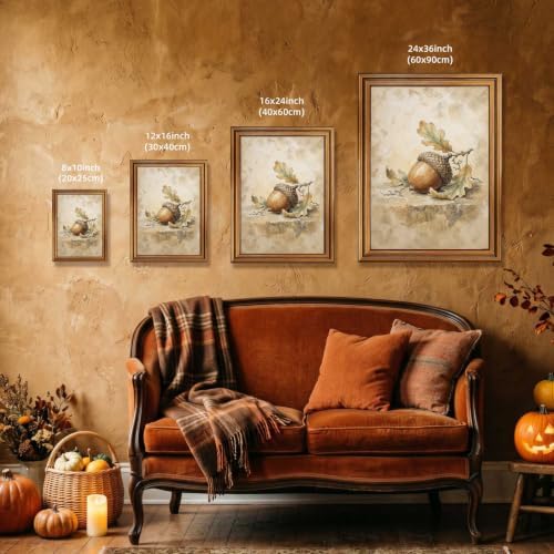 Acorn Botanical Wall Art, Gold Vintage Framed Print for Halloween Decor