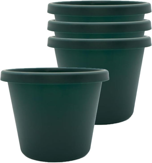 The HC Companies 6 Inch Prima Round Planter Pots with Drainage Holes and Rolled Rim, Lightweight UV-Resistant Plastic Indoor & Outdoor Planters, 4-Pack Flower Pots for Garden & Home Decor, Evergreen