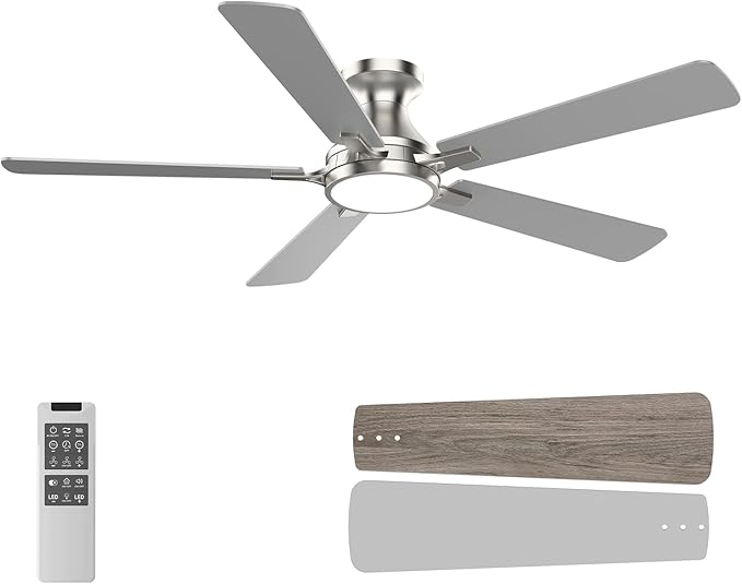 OPONL 52 Inch Nickel Ceiling Fan with Light, Remote Control, Low Profile, Noiseless, Reversible, Dimmable, Timeable, Metal Housing, Flush Mount Ceiling Fans with Lights for Bedroom, Indoor/Outdoor Use