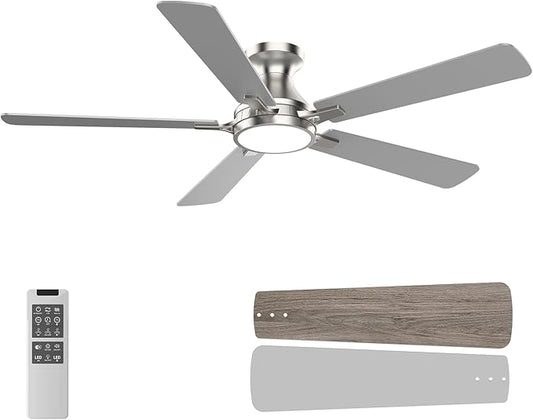 OPONL 52 Inch Nickel Ceiling Fan with Light, Remote Control, Low Profile, Noiseless, Reversible, Dimmable, Timeable, Metal Housing, Flush Mount Ceiling Fans with Lights for Bedroom, Indoor/Outdoor Use