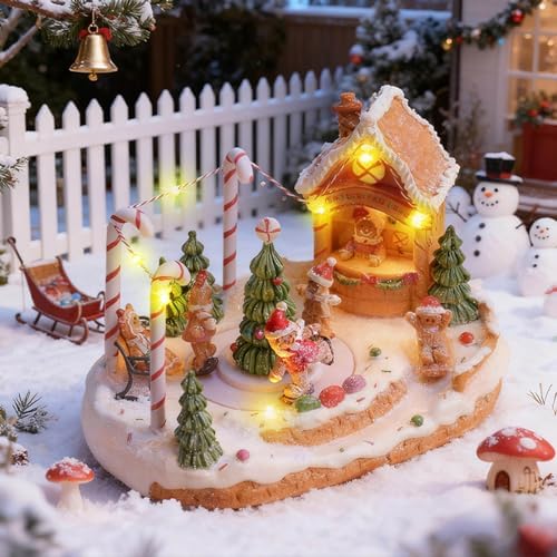 LED Light Christmas Village Scene with Rotating Train Musical Lighted Collection Figurine Home Decor Musical Village House Figurine