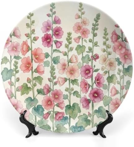 Watercolor Hollyhock Decorative Plates 10 Inch Home Decor Wall Plates with Stand & Hook Entryway Office