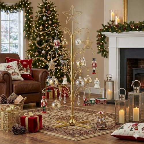 HOHIYA 74" Rotating Ornament Display Tree 90 Hooks Chrome Silver