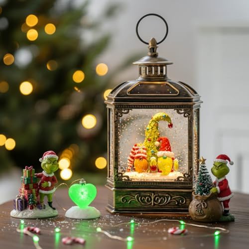 VISFLAIR Musical Snow Globe Lantern Lighted Whimsical Christmas Tree & Gnomes Scandinavian Santa Elf Water Lantern with Swirling Glittering Home Decoration and Gift, Battery Operated or USB Powered