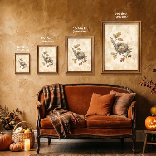 Bird Nest Halloween Wall Art, Gold Vintage Framed Rustic Nature Print