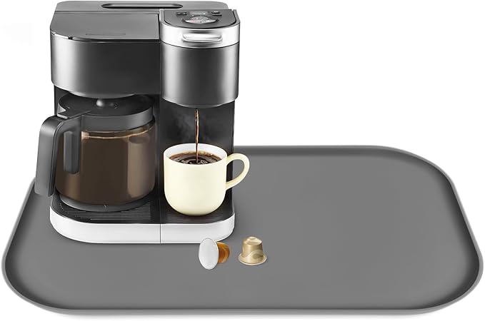 TOHONFOO Silicone Coffee Maker Mat with Lip, 24'' x 16'' Heavy Duty Coffee Maker Mat for Countertops, Coffee Tray Fit Under Coffee Machine Appliance Automatic Machines Espresso Accessory, Grey
