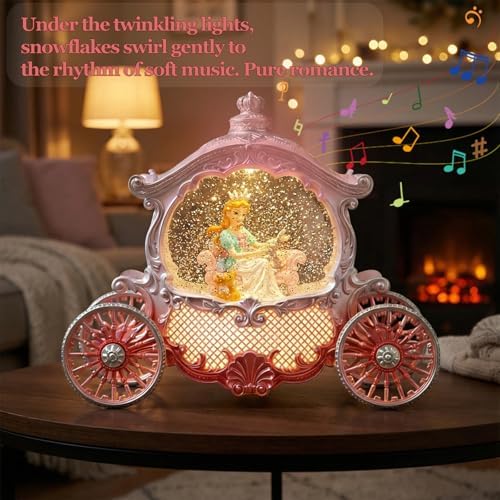 Christmas Pink Carriage Snow Globe with Music and Pricess - Girl with a Crown Scene Water Lantern with Glitter Snow and LED Light - Battery Or USB Cable Powered Operated (Pink Princess)