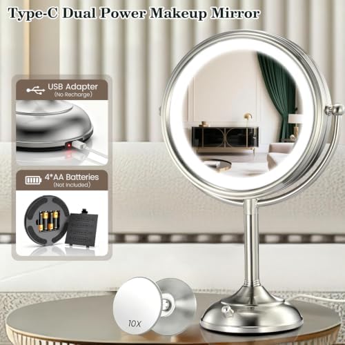 VESAUR 11.8" Extra Large 17" Tall Lighted Makeup Mirror, 1X/5X/10X 3-Sided Magnifying Mirror with 96 LEDs, 3 Color Dimmable Lights, 360° Swivel Dual Power Vanity Mirror, Nickel Finish Luxury Gift Box