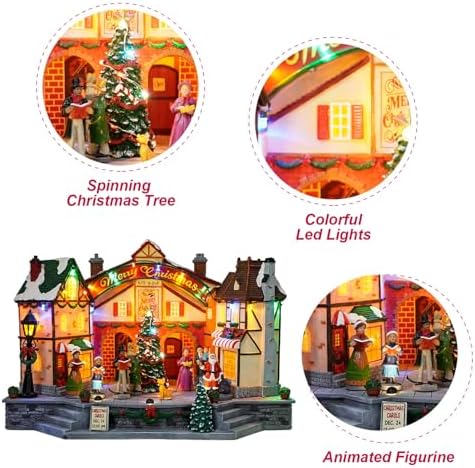 Christmas Village House Decoration, Colourful LED Lights Light Up Buildings, with Rotating Scene, Multi-Color LED Lights, Christmas Cinema Scence, Music Rendering Atmosphere