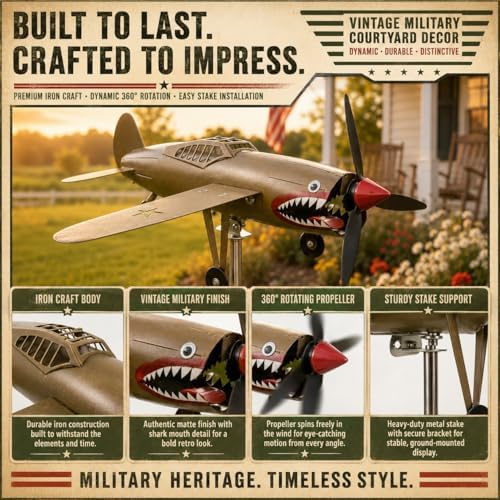 Metal Airplane Wind Spinner for Yard, 3D Shark-Mouth Plane Garden Stake Decor, 360° Rotating Outdoor Lawn Ornament for Patio Flower Bed, 1 Pack(Red)