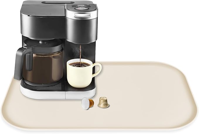 TOHONFOO Silicone Coffee Maker Mat with Lip, 24'' x 16'' Heavy Duty Coffee Maker Mat for Countertops, Coffee Tray Fit Under Coffee Machine Appliance Automatic Machines Espresso Accessory, Beige