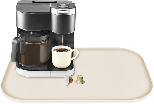 TOHONFOO Silicone Coffee Maker Mat with Lip, 24'' x 16'' Heavy Duty Coffee Maker Mat for Countertops, Coffee Tray Fit Under Coffee Machine Appliance Automatic Machines Espresso Accessory, Beige
