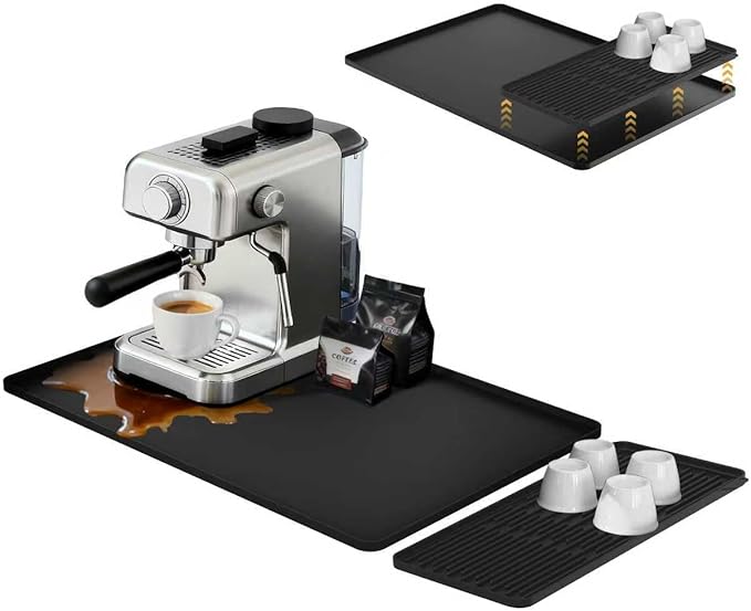 24×16-inch Silicone Coffee Mat for Espresso Machine - Heat Resistant, Waterproof Countertop Protector Pad with Raised Edges, Easy Clean Dish Drying Mat for Kitchen, Pet Food Mat (Black)
