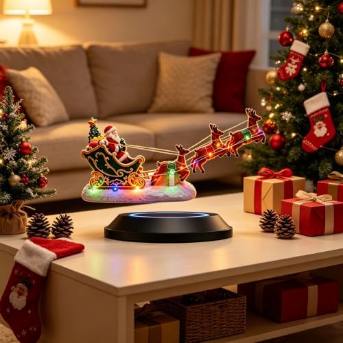 Floating Santa Sleigh with Reindeer, Magnetic Levitation LED Ornament